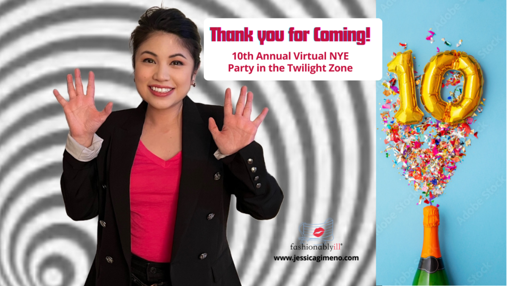 Banner - left hand side features woman in color (red shirt, black blazer) against black and white background of Twilight Zone swirl. Right side features balloons in the number 10 with confetti and a bottle opened.