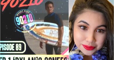 Image is a picture of promo photo for 90210 play called "Dylan's Confession." Left side picture features the late Luke Perry with a surfboard at the beach. Right side photo features Filipina woman wearing a lei and bright lipstick against a beach background.