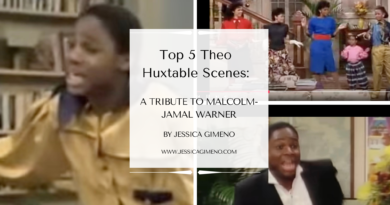 Assorted images of Malcolm-Jamal Warner playing Theo Huxtable on The Cosby Show. Caption says "Top 5 Theo Huxtable Scenes: a Tribute to Malcolm-Jamal Warner by Jessica Gimeno. www.jessicagimeno.com. "