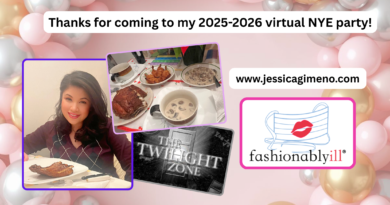 Banner has pink and silver balloons in the background. Main heading says "Thank you for coming to my 2025-2026 virtual NYE Party!" in black at the top. On the left is a collage of pictures; one features the author Jessica Gimeno--Asian/Hispanic looking woman with long brown hair smiling with a rib in front of her. To her right is an image of a dinner table with butterfly coconut shrimp, ribs, and mushroom soup. Below it is a black and white image that says "The Twilight Zone" with a door behind it. To the right is the logo "Fashionably ill ®" which features a white medical mask with light blue lines. On the front of the mask is red lipstick. Above the website logo is www.jessicagimeno.com in bold, black print.